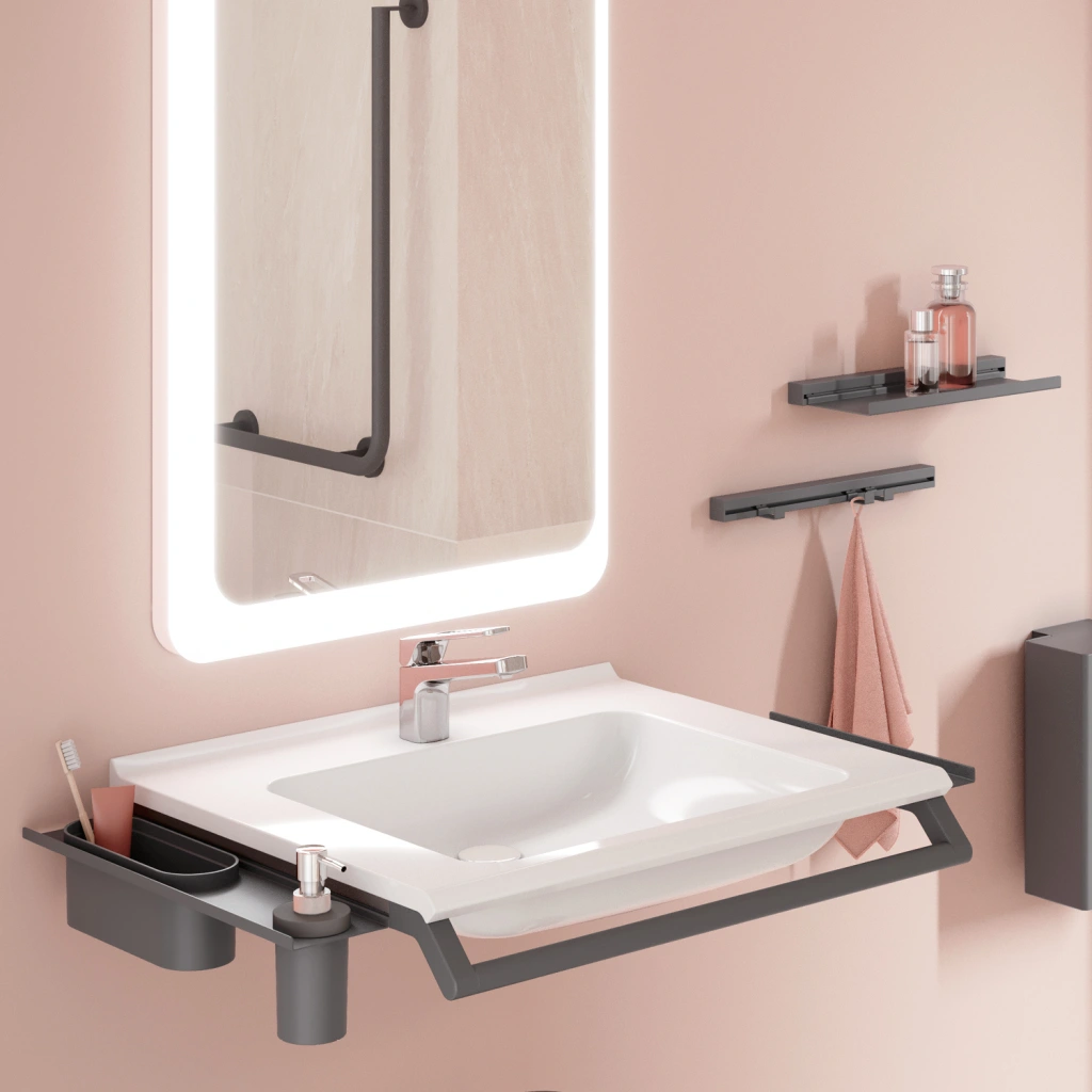 Modulares Waschtischkonzept mit schwarzen Griffen