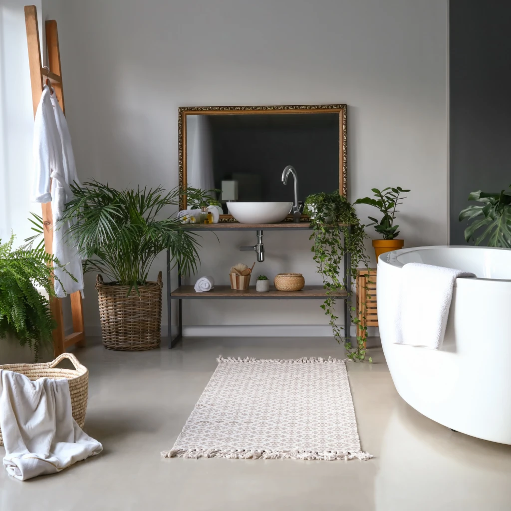 Natürliches Badezimmer, auffällig durch die Dekoration vieler Pflanzen in natürlichen, erdigen Farben