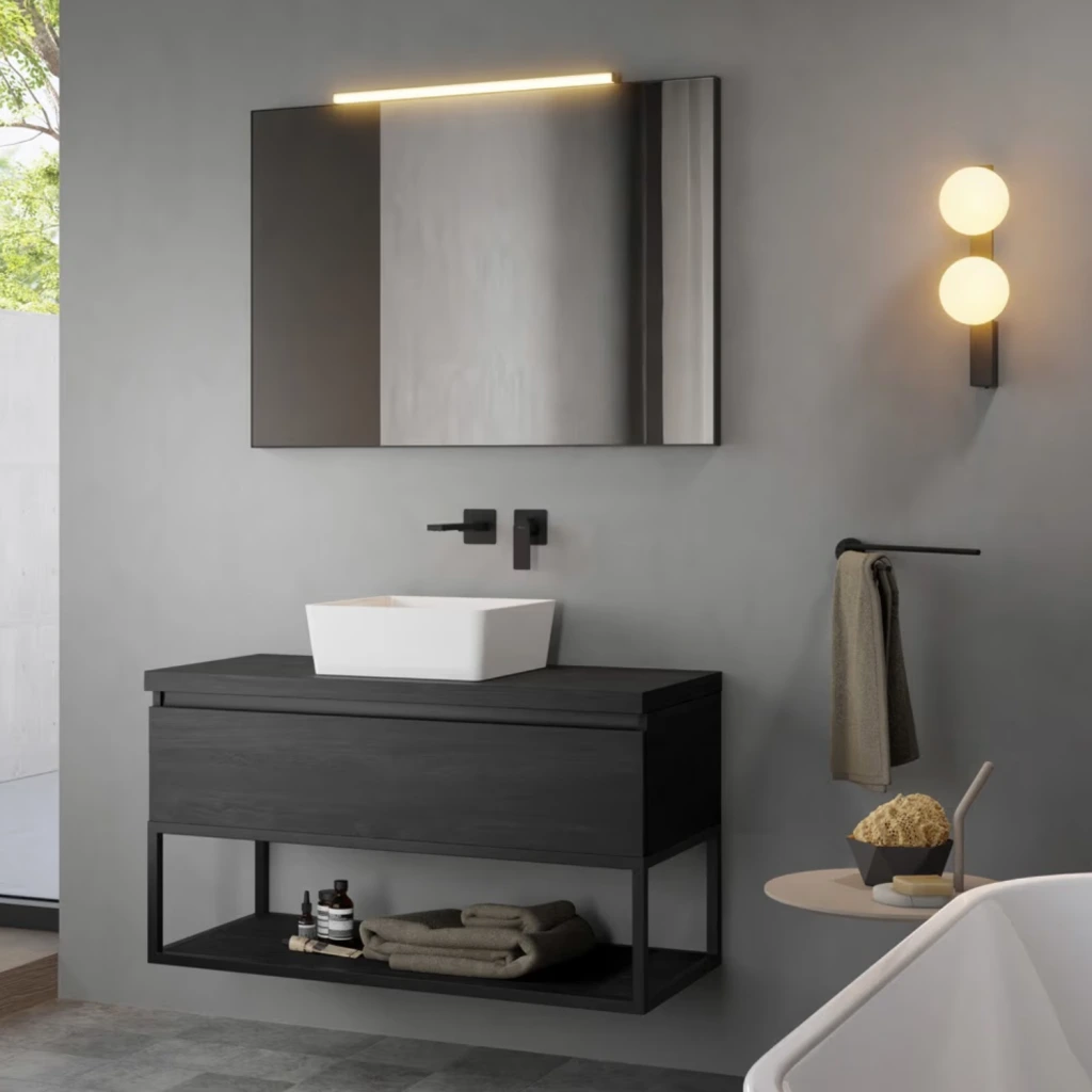 badezimmer im momochrome Look in verschiedenen Abstufungen von schwarz, grau und weiß