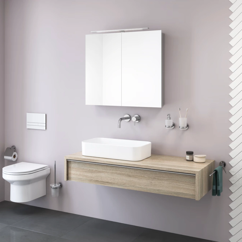 Alu 100 LED Spiegelschrank in einem Fliederbad