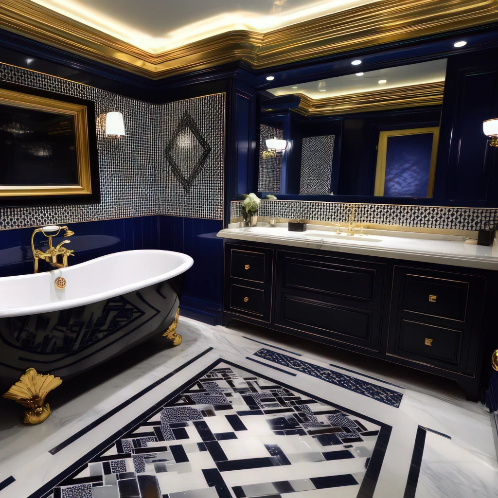 Art Deco Badezimmer in Tiefblau mit goldenen Armaturen