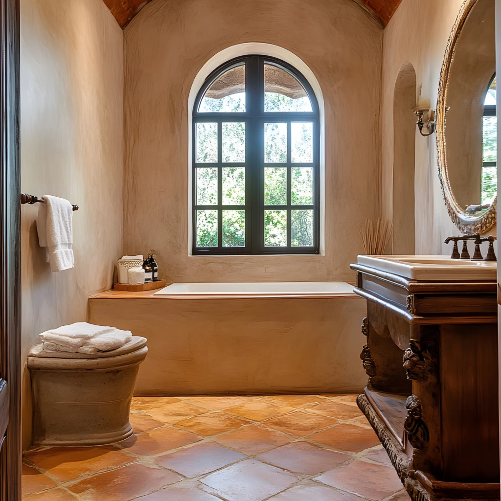 Mediterranes Bad mit Terracotta Wänden und Fliesen