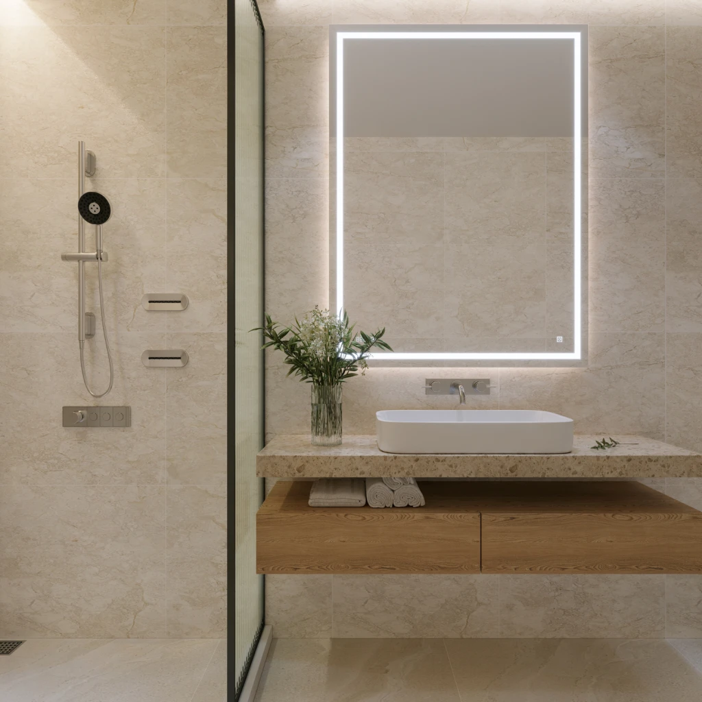 Minimalistisches Badezimmer mit Travertin-Wänden