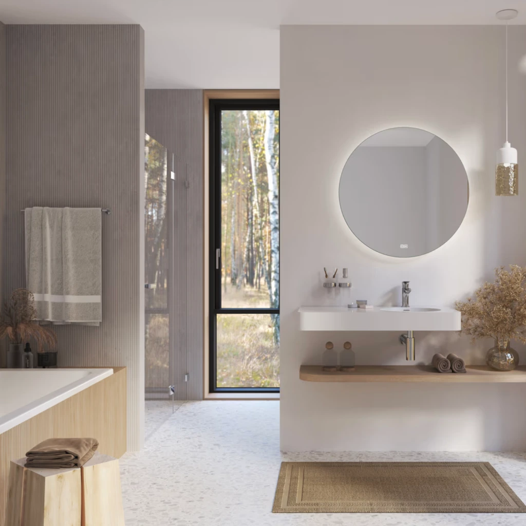 Kronenbach Moon Badspiegel in einem offenen, gemütlichen Bad