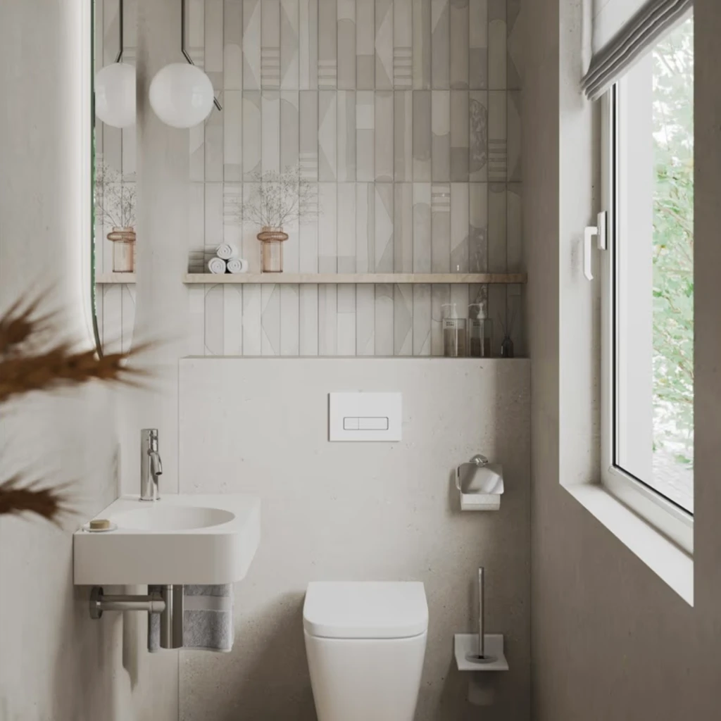 Kleines Gäste WC in Weißtönen im minimalistischen Stil.