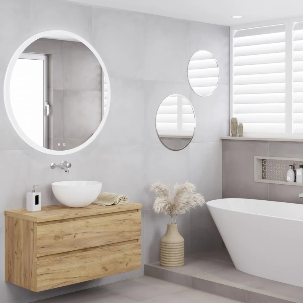 pianura Stella Badmöbel Set in einem minimalistischem Badezimmer aus Holz und Stein.