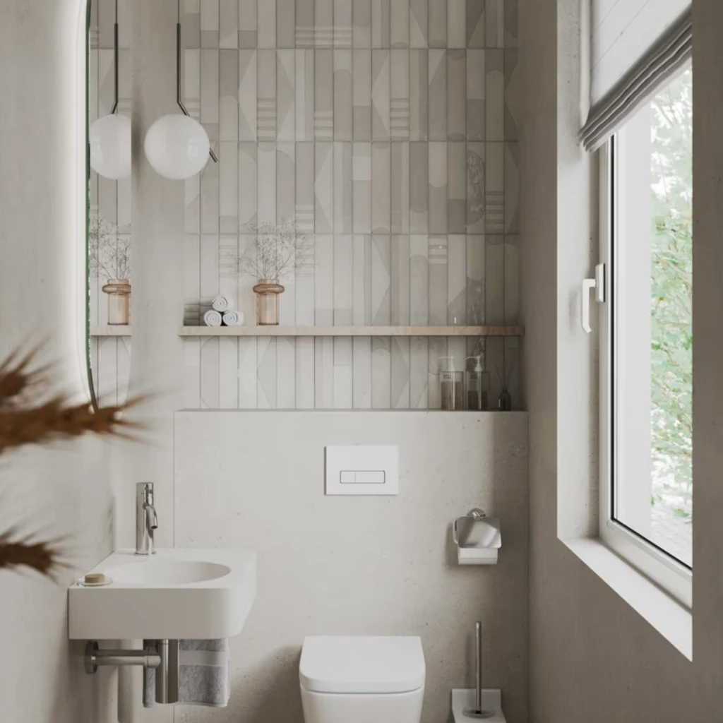 Kronenbach Lima 2.0 Waschtischeinhebelmischer in chrom in einem kleinen, hellen Bad mit weißlichen Wandfliesen.