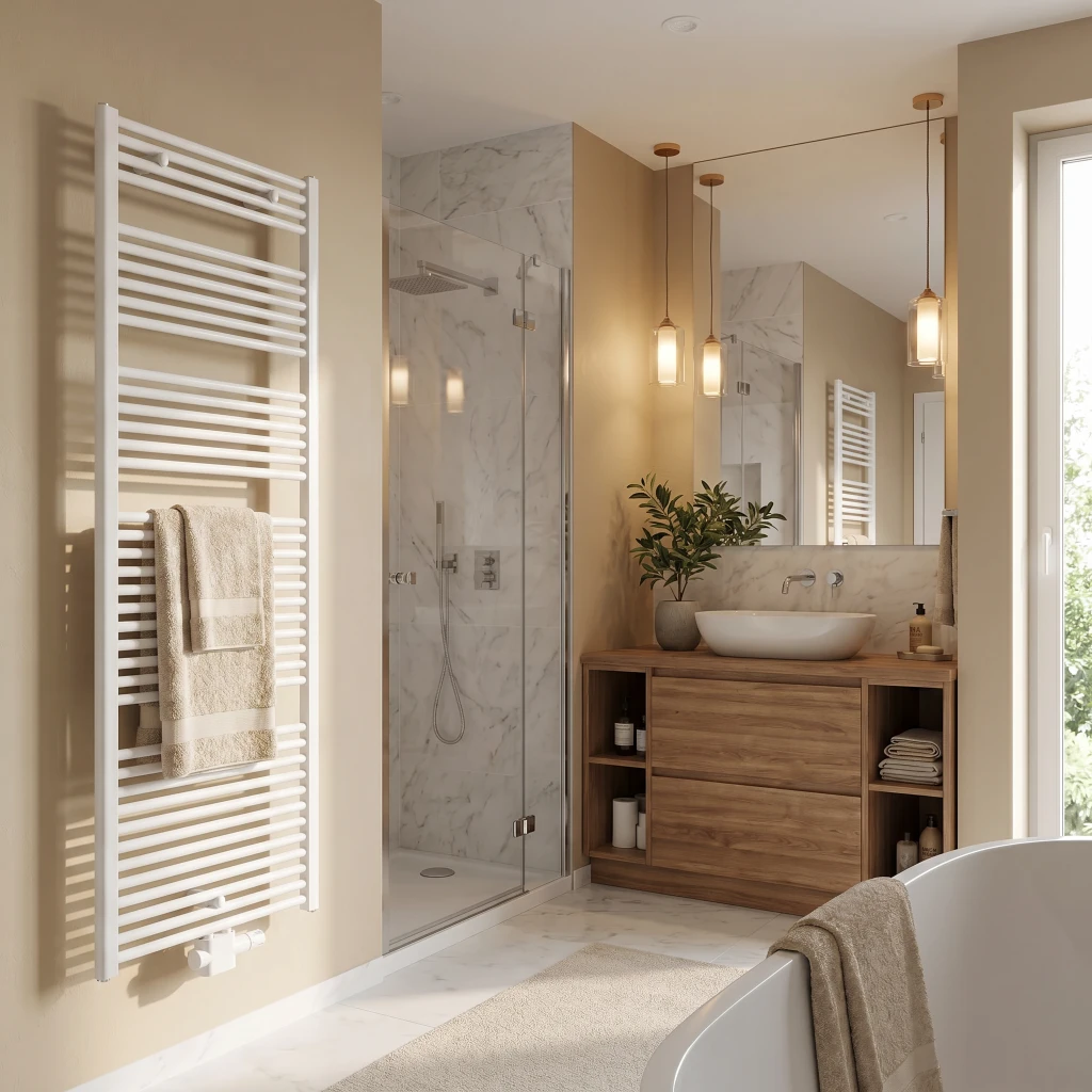Helles Badezimmer mit Badewanne und Dusche mit gelben Akzenten und Marmorfliesen