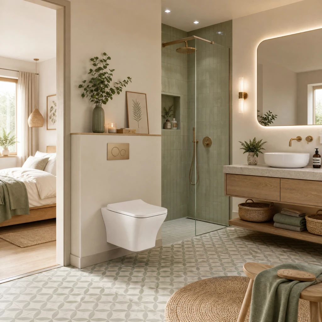 En Suite Badezimmer in Naturtönen mit grünen Akzenten