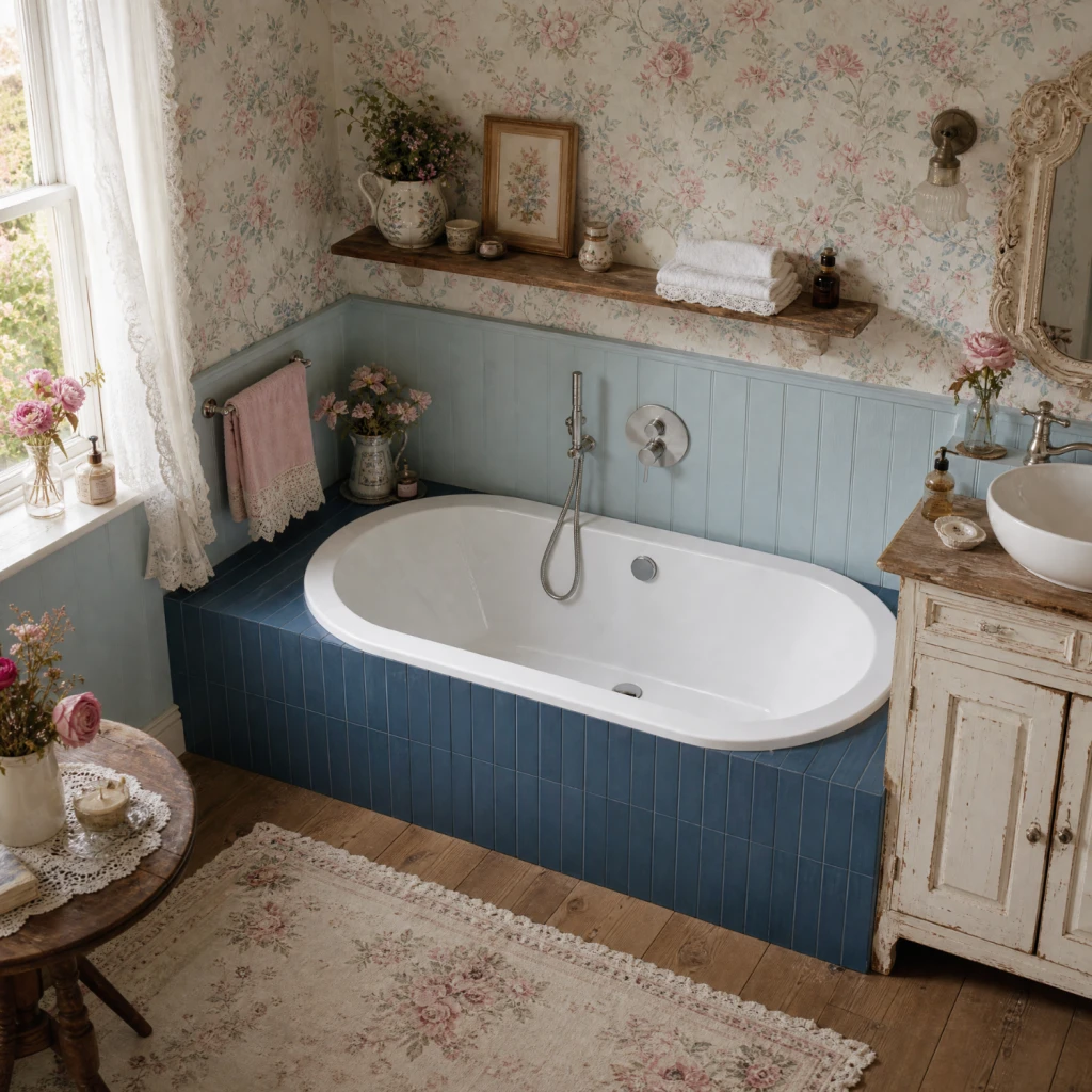 Shabby Chic Bad mit einer floralen Vintage-Tapete in Kombination mit Blau- und Rosatönen.