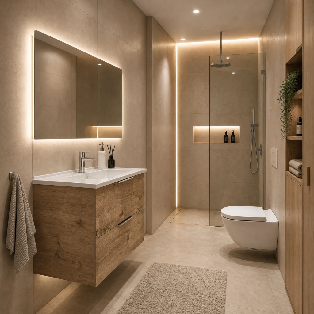Modernes, gemütliches Badezimmer in Creme- und Brauntönen.