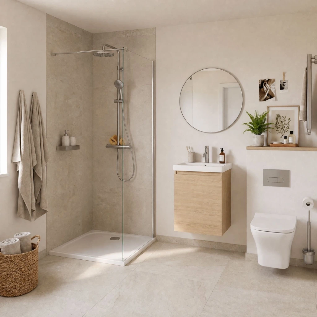 pianura Emilia mineral Duschwanne in weiß in einem hellen, modernen Badezimmer in Naturtönen.