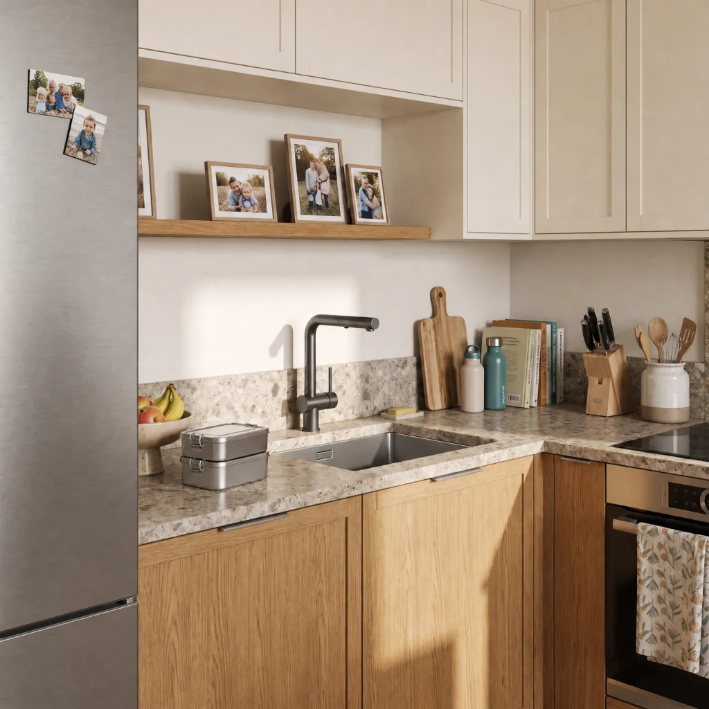 Helle, moderne Küche mit Holzfronten, Stein-Arbeitsplatte, Edelstahlspüle, Kühlschrank und Backofen.