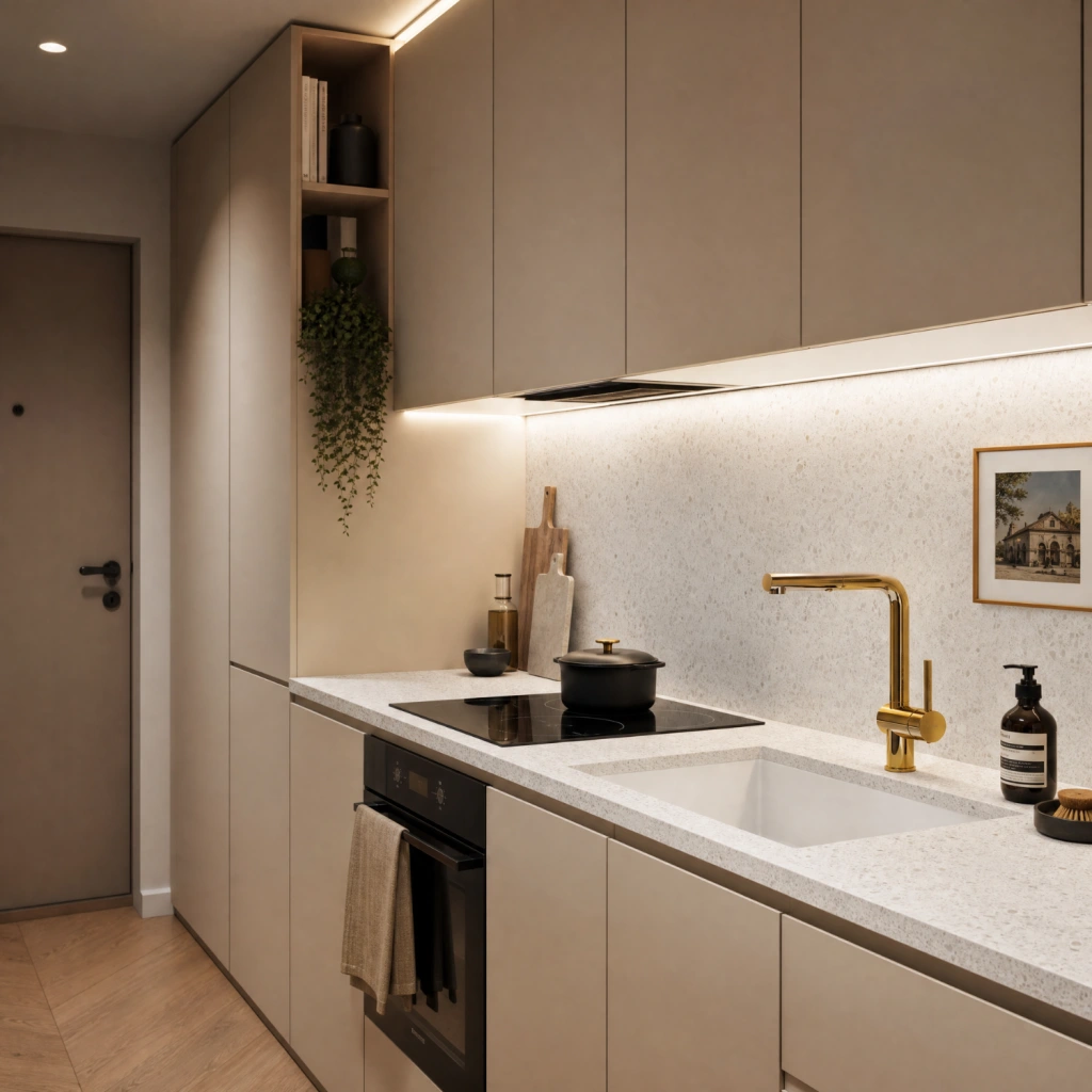 Moderne, minimalistische Küche in warmen Beigetönen mit grifflosen Schränken, heller Arbeitsplatte, schwarzem Kochfeld, integrierter Spüle und goldfarbener Armatur.