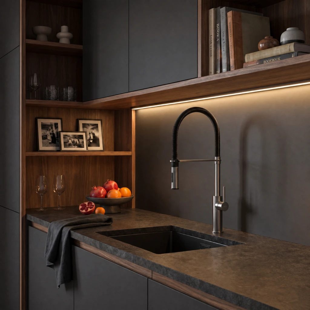 Kronenbach Lima Professional in chrom/schwarz in einer dunklen Küchen mit einem Industrial Touch.
