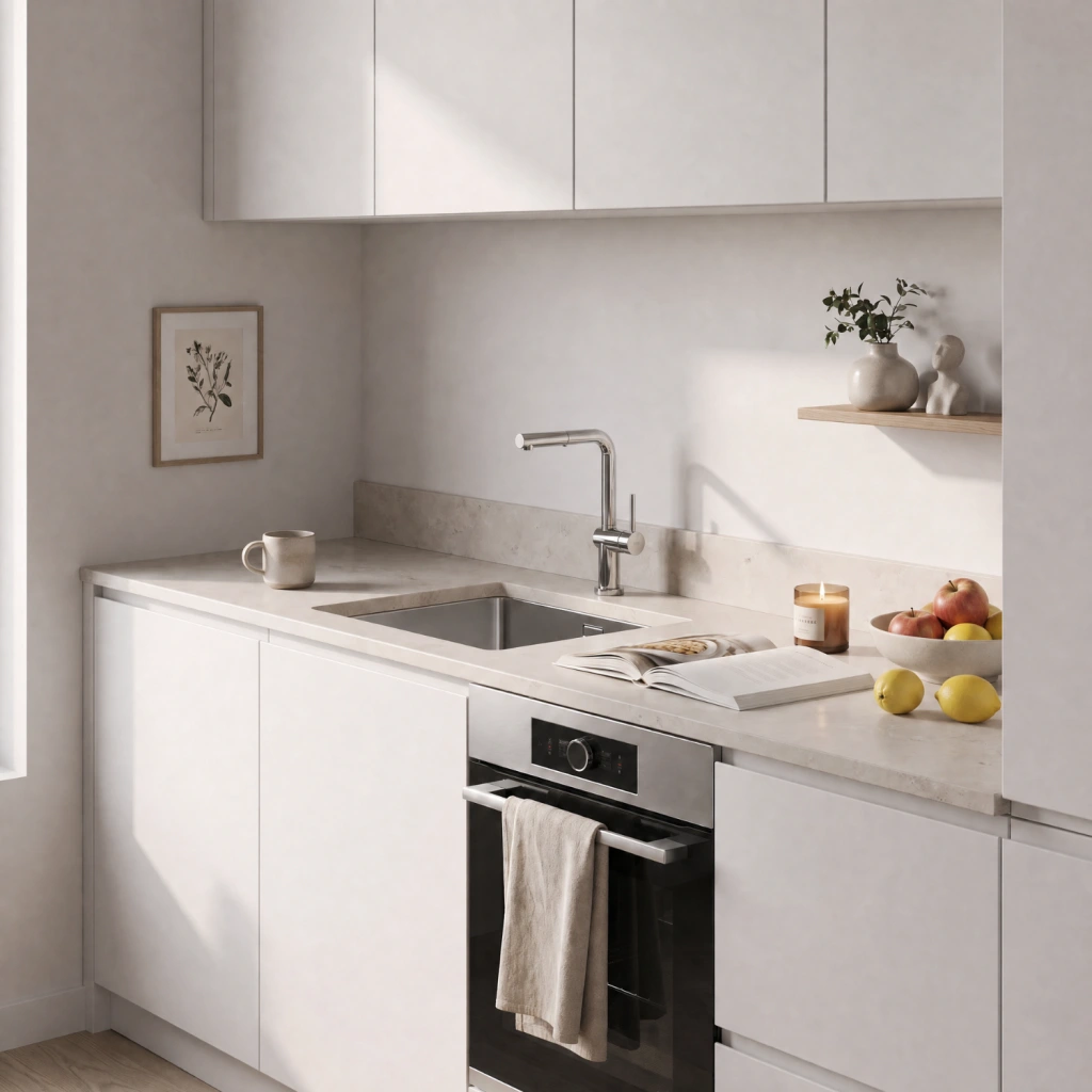 Helle minimalistische Küche mit weißen Fronten, heller Arbeitsplatte, Edelstahlspüle und Einbauofen.