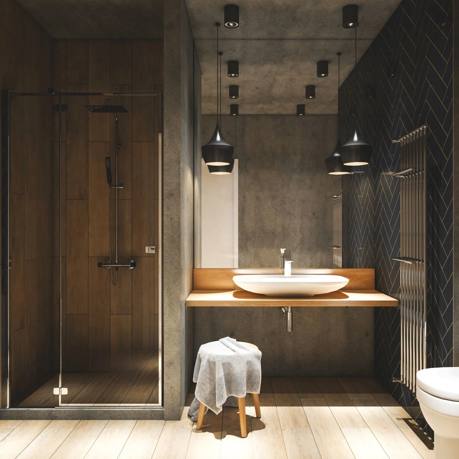 Stilvoll eingerichtetes Badezimmer in Holzoptik