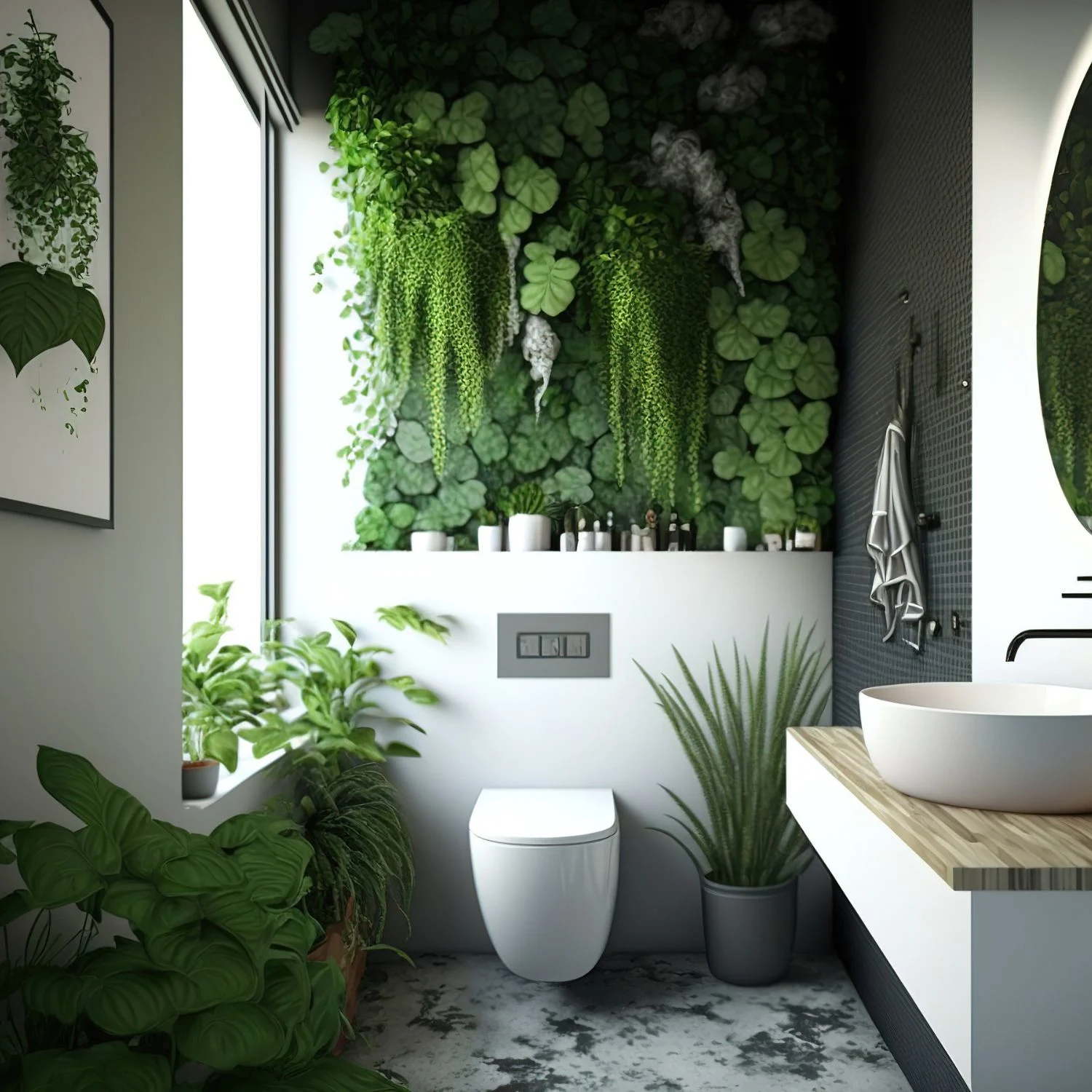 Ein Badezimmer mit sehr vielen Pflanzen