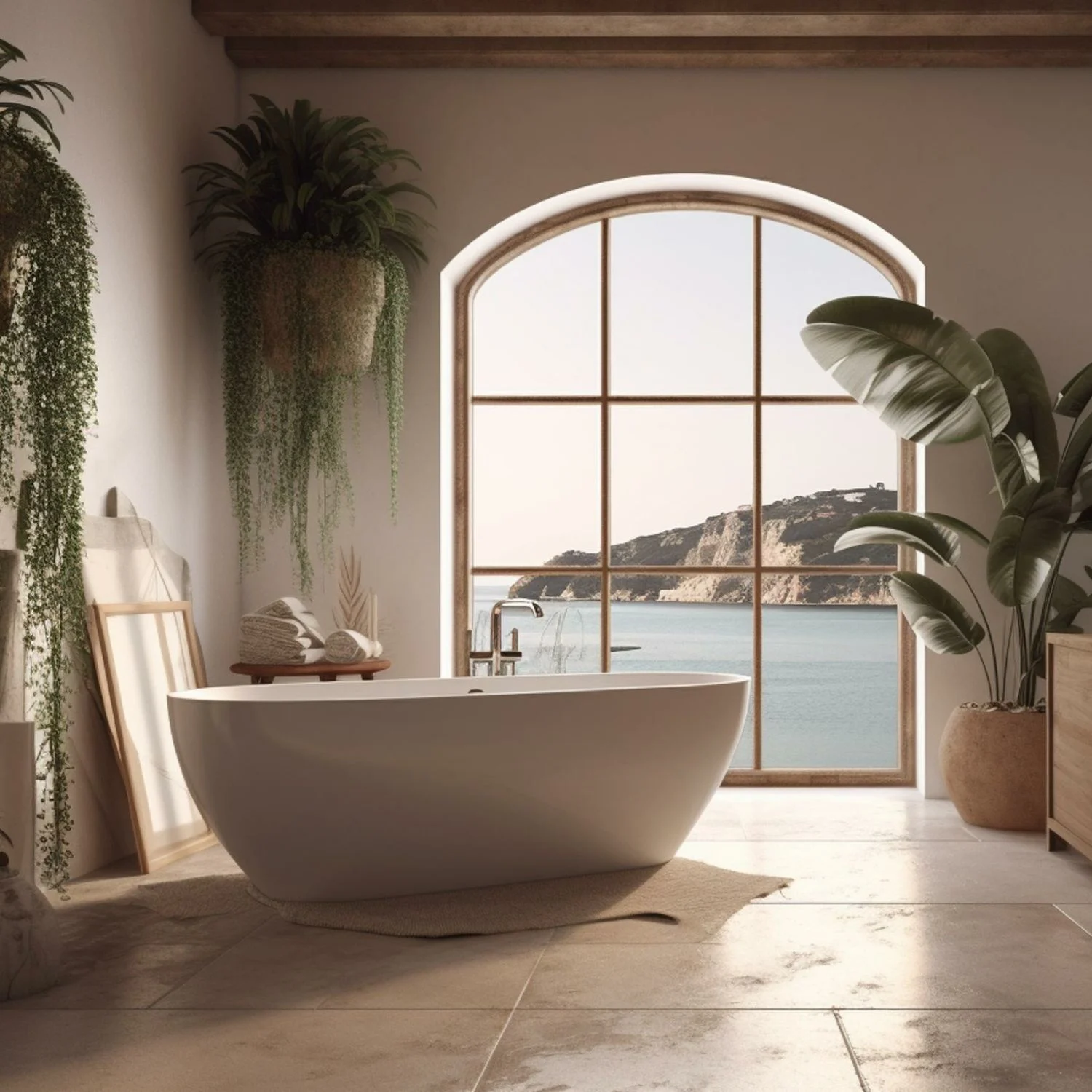 Mediterranes Badezimmer mit Pflanzen.