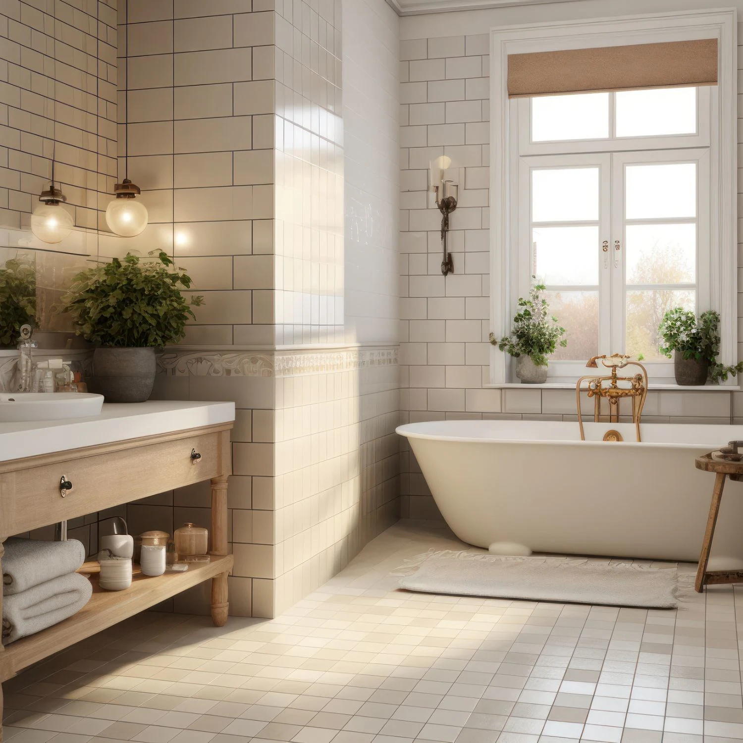 Badezimmer im Landhausstil mit beiger Akzentfarbe