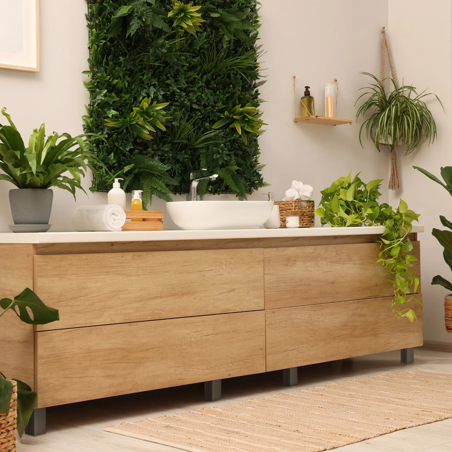 Badezimmerin Naturtönen mit Pflanzenwand