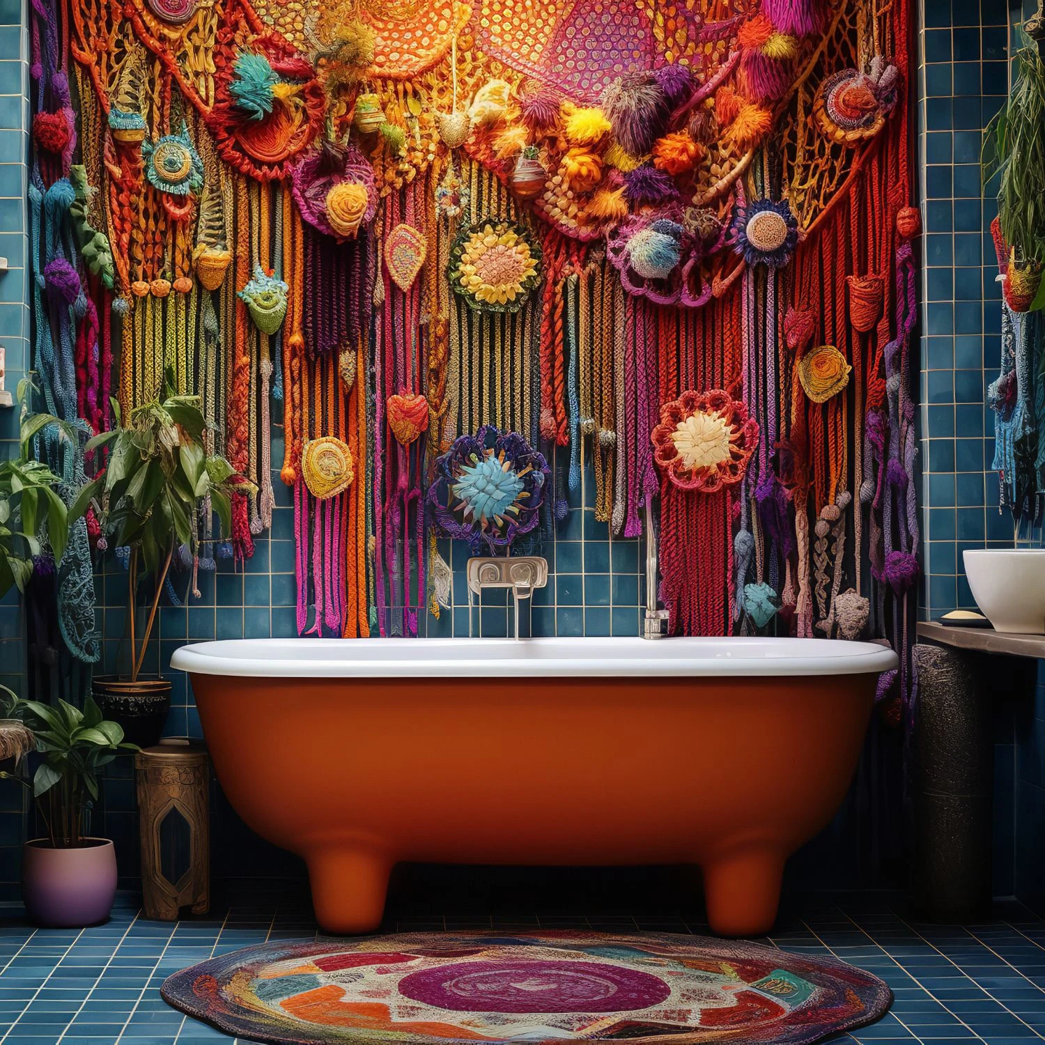 Hippieskes-Badezimmer mit bunter Wand und roter Badewanne