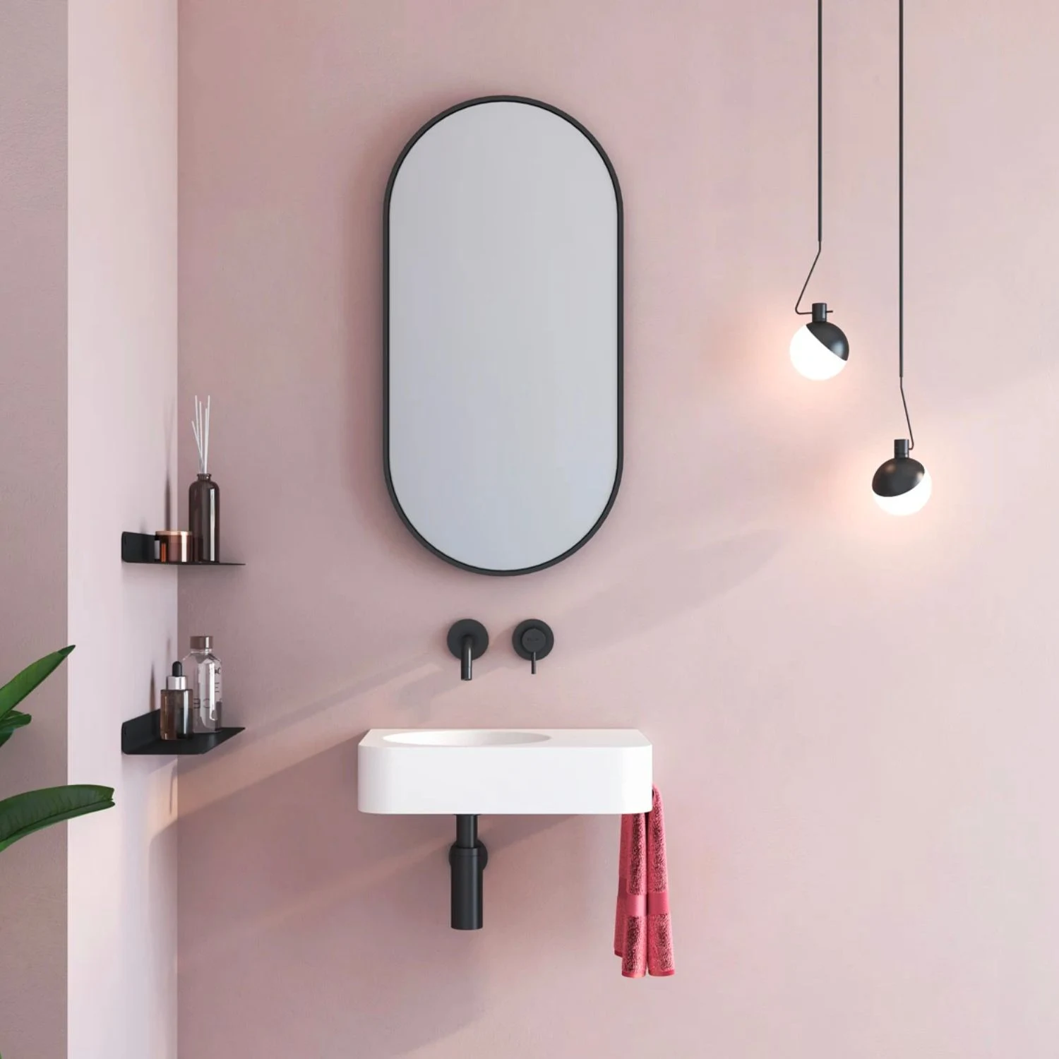 Badezimmer in rosa mit schwarzen Elementen