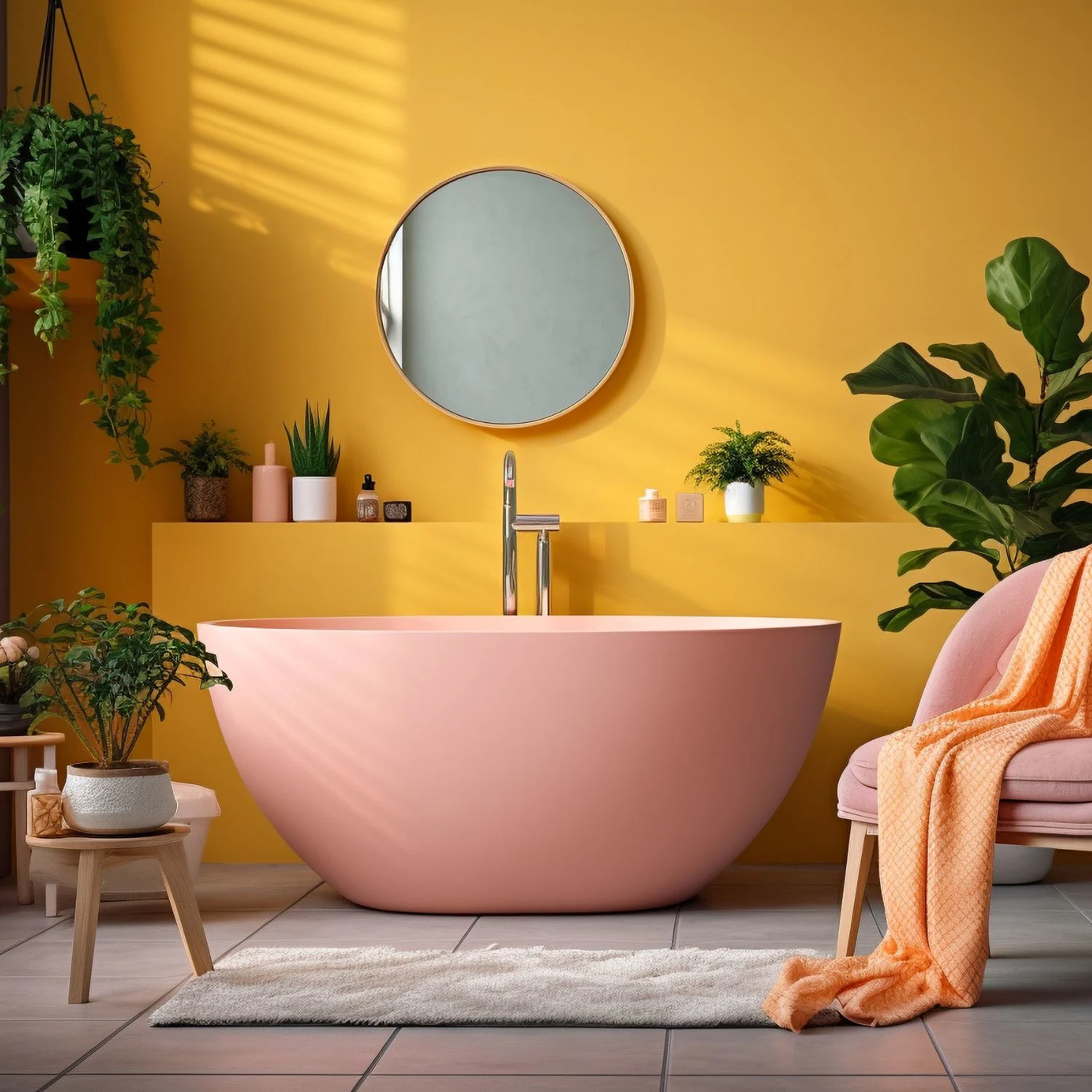 Badezimmer rosa kombiniert mit gelbem Farbton