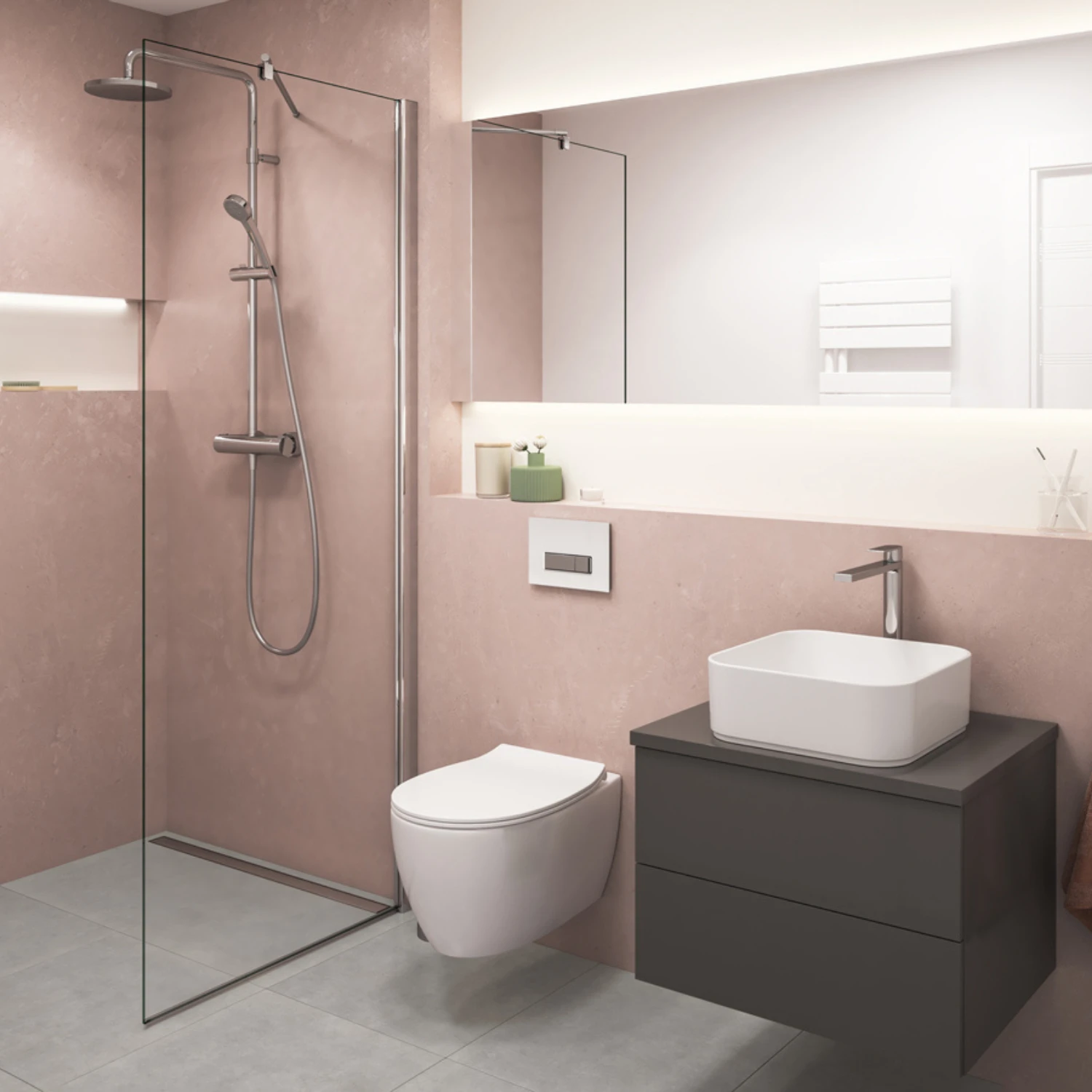 Bad im Keller mit rosa Wandgestaltung, Walk-in Dusche und großem Spiegel