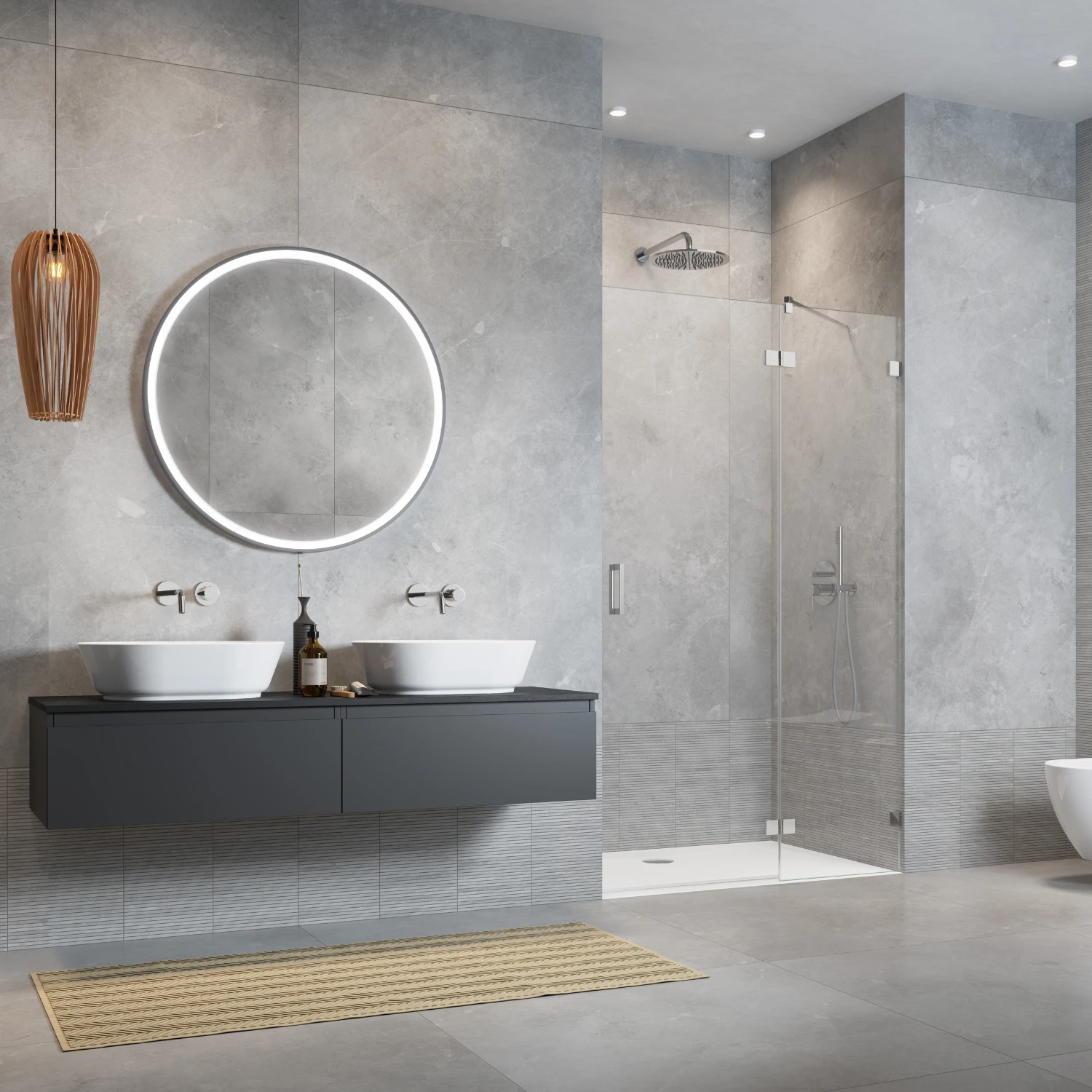 Badezimmer in Grautönen mit Pendelleuchte und beleuchtetem Spiegel