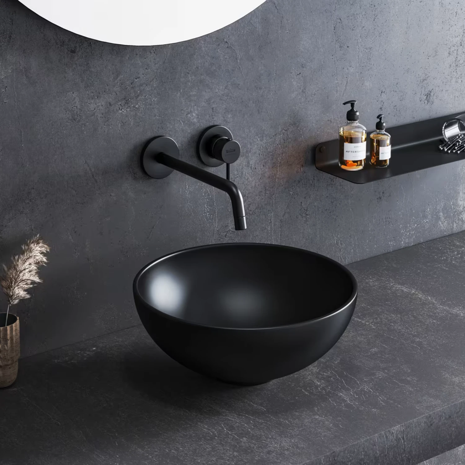 ästhetische ansprechendes badezimmer mit schwarzem waschbecken vor dunkelgrauen Fliesen