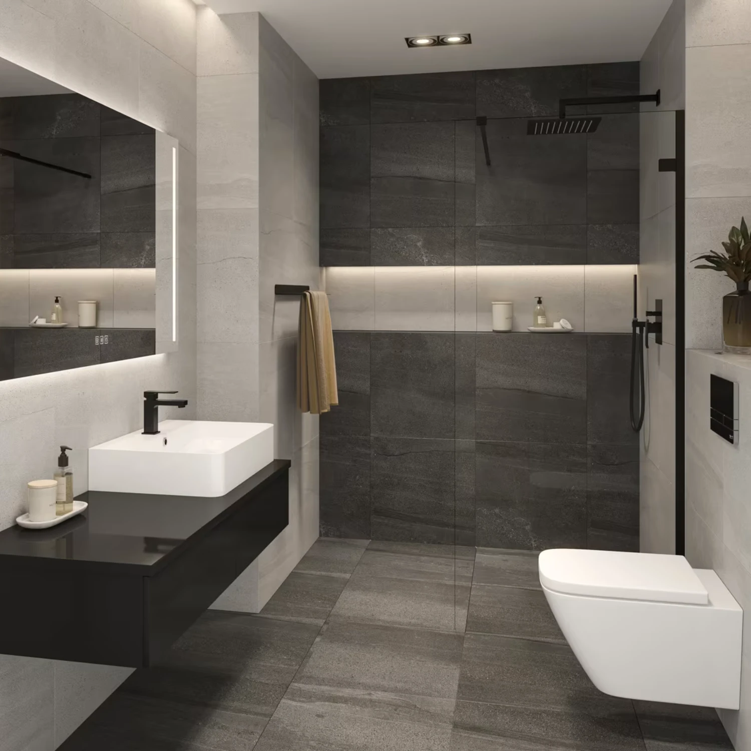 modernes badezimmer mit grauen fliesen, weißer keramik und schwarzen armaturen und asseccoires