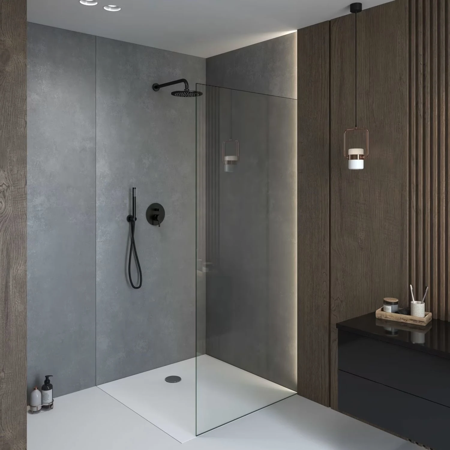 fugenloses kleines Badezimmer in grau