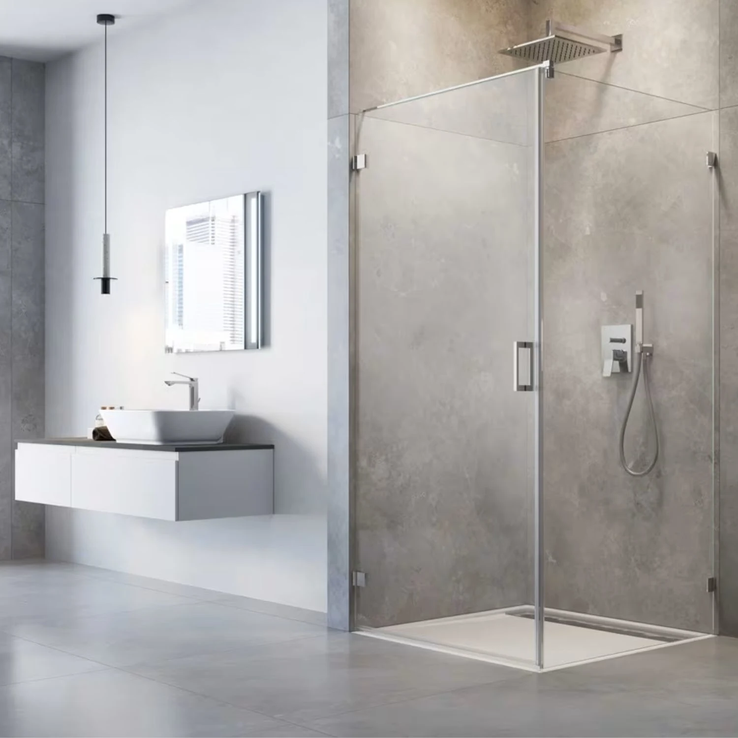 Offenes Badezimmer mit hohen, glatten Wänden