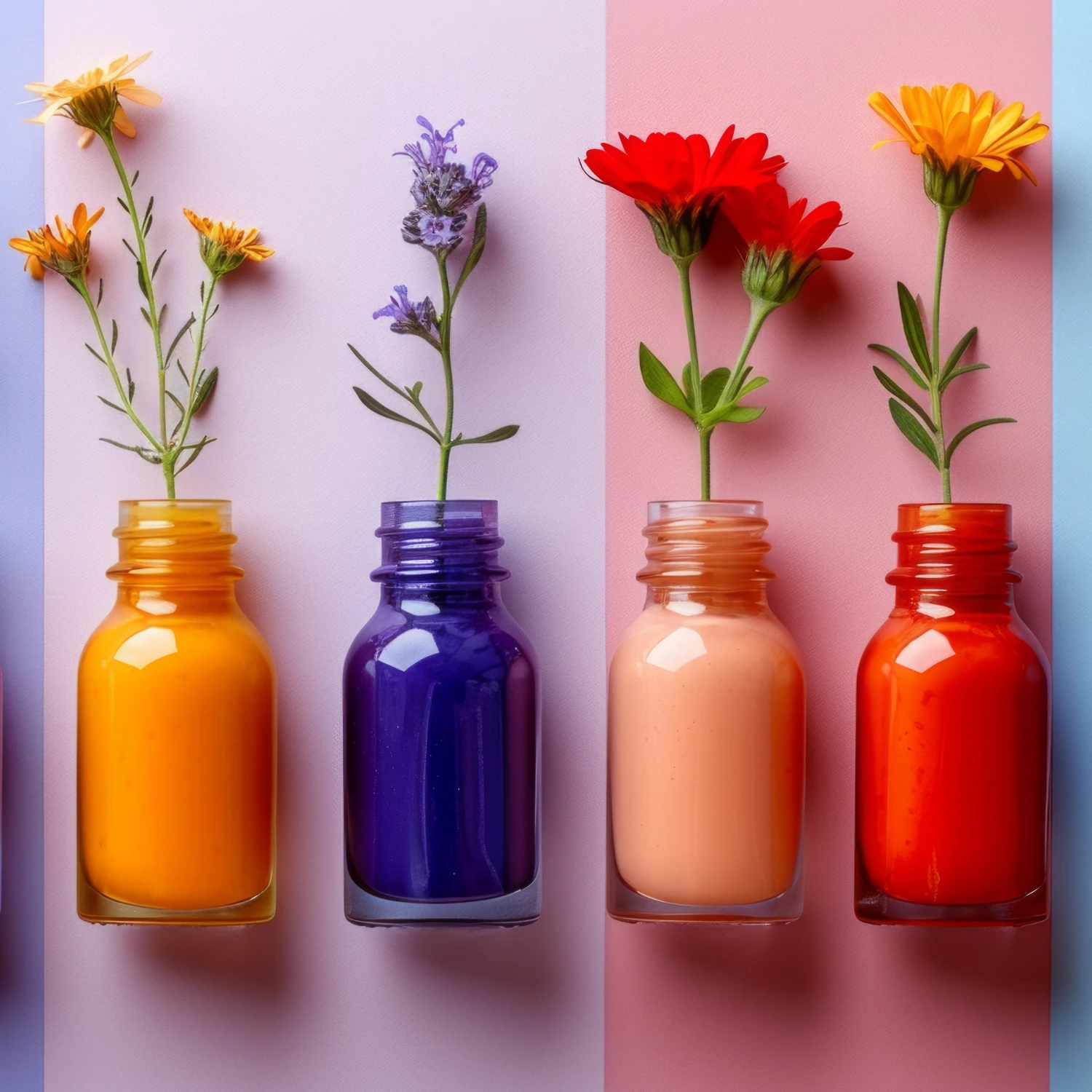 Farbige Flaschen mit verschiedenen Blumen und Pflanzen