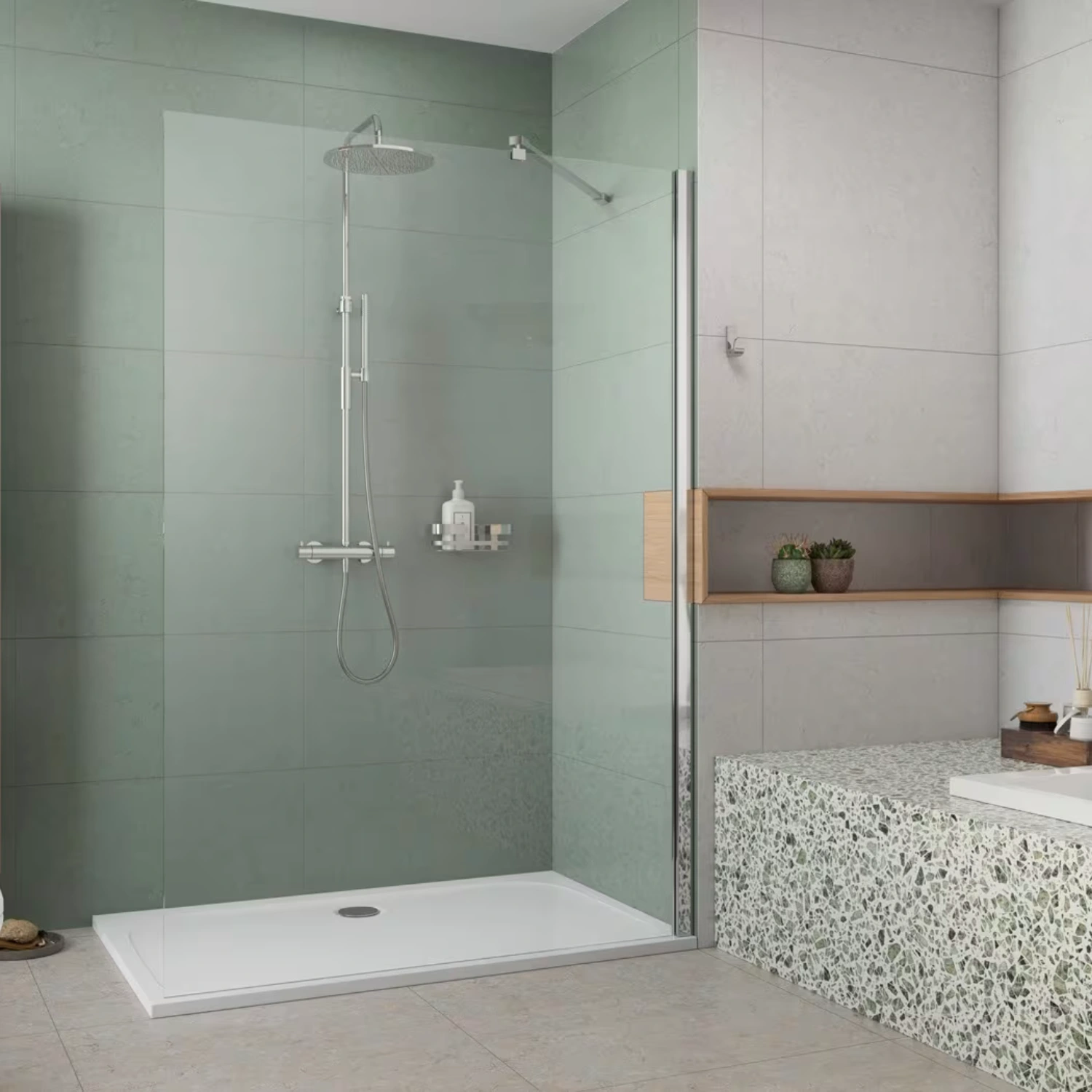 Grünliche Badezimmer-Farbe als Idee zur Raumtrennung