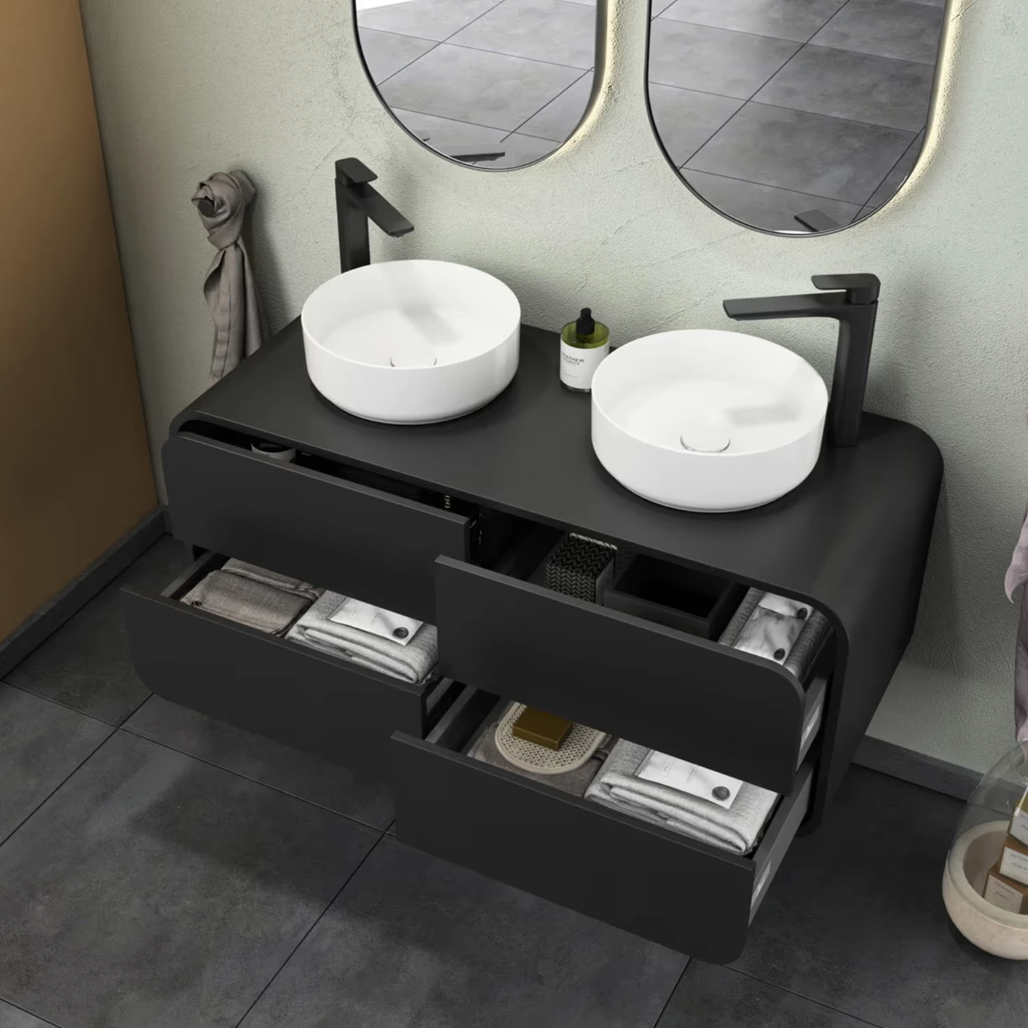 Waschtischunterschrank in schwarz mit 2 weißen Aufsatzwaschbecken der Megabad Profi Collection