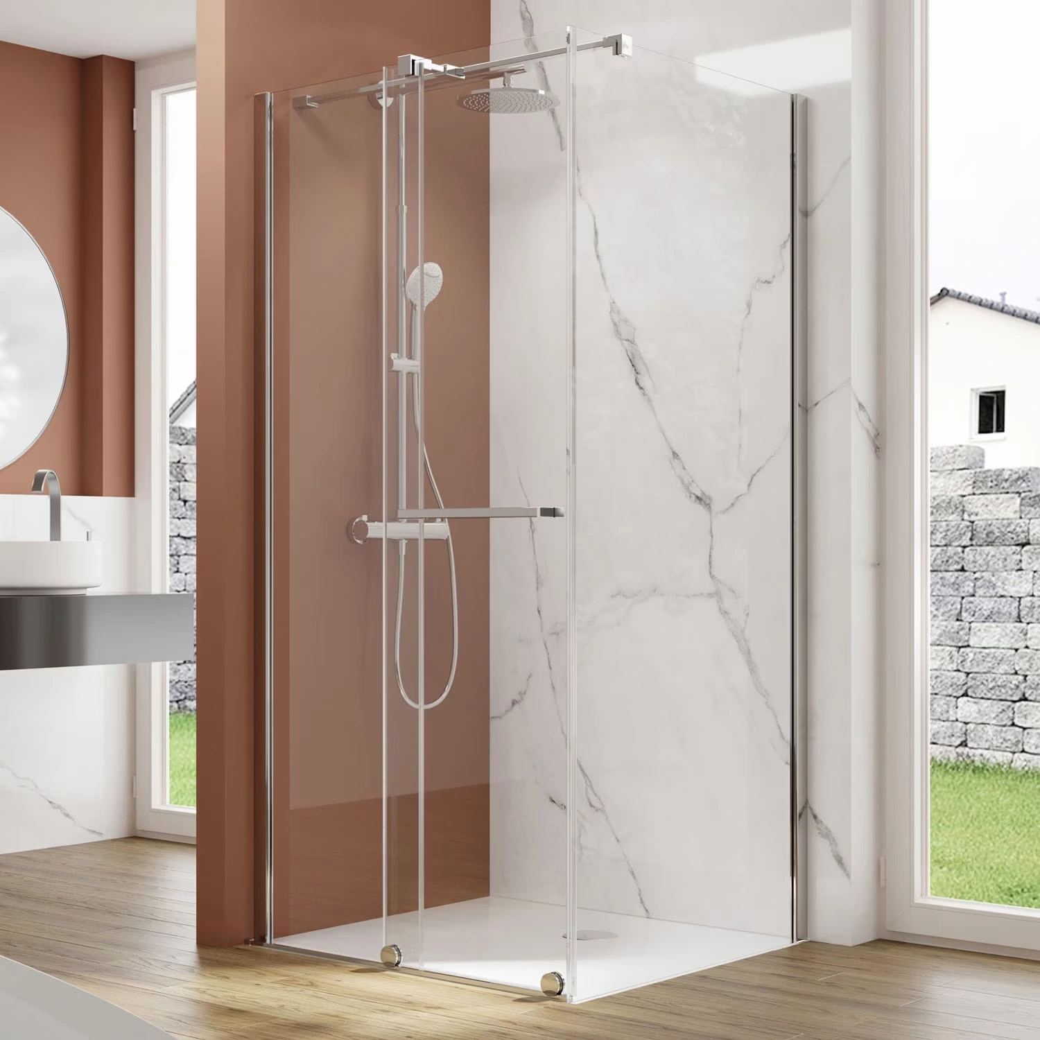 pianura Isabella Schiebetür mit Seitenwand in einem hellen badezimmer