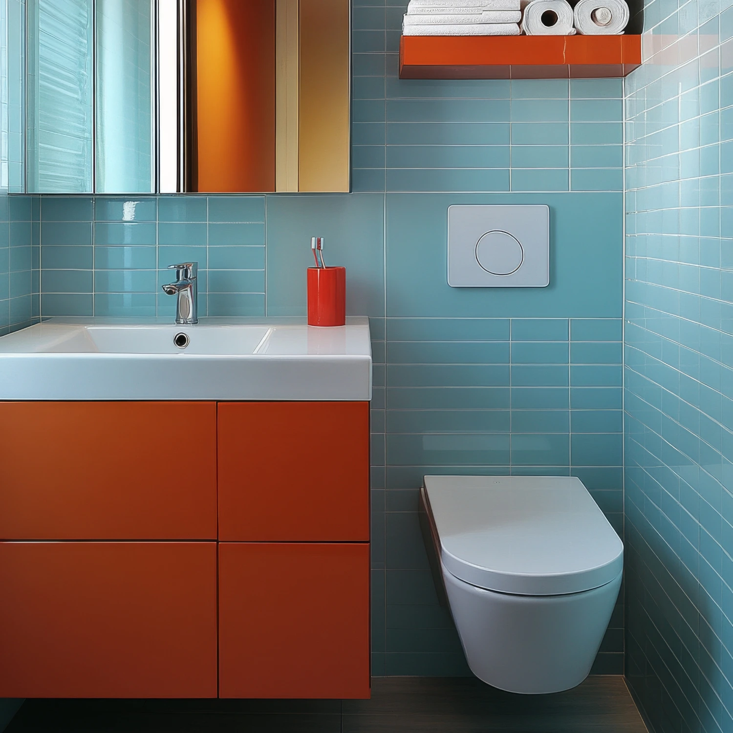 blau gefliestes badezimmer mit orangen badmöbeln und accessoires