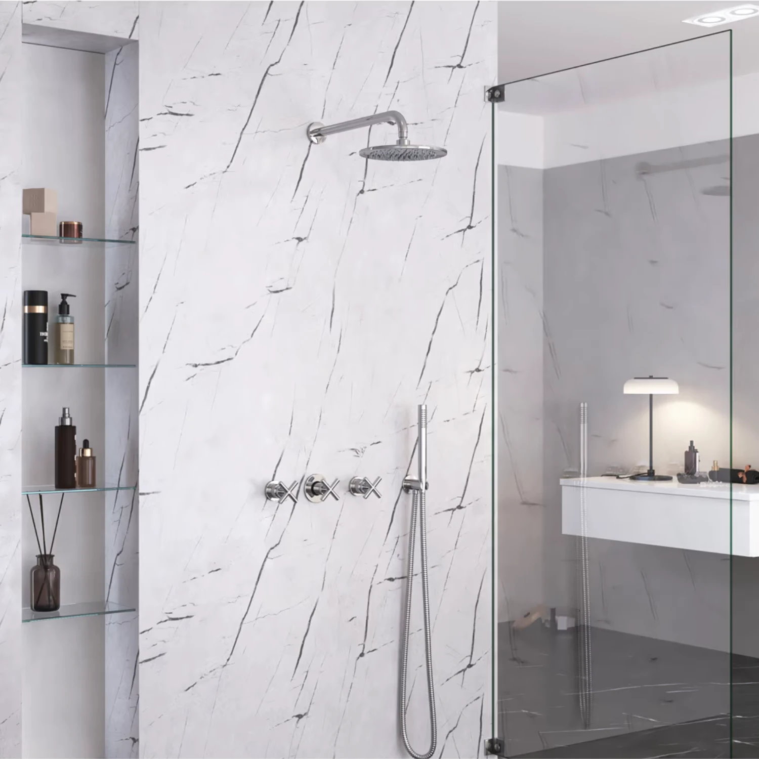 weißer marmor inspiriert von art deco stil im bad