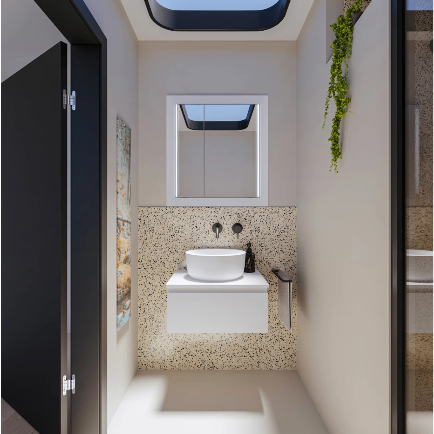 Steinkamp Value Waschtischkonsole in matt weiß in einem Tiny House Badezimmer mit Deckenluke.