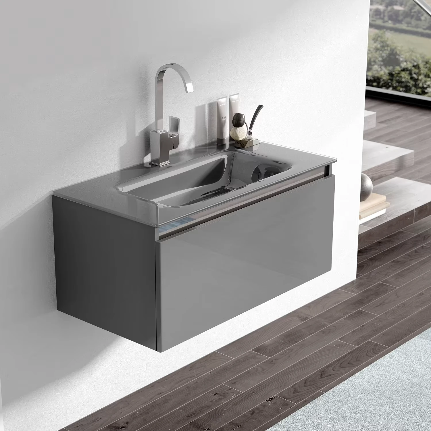 progettobagno Helen Waschtischkombination mit Glaswaschtisch in grau