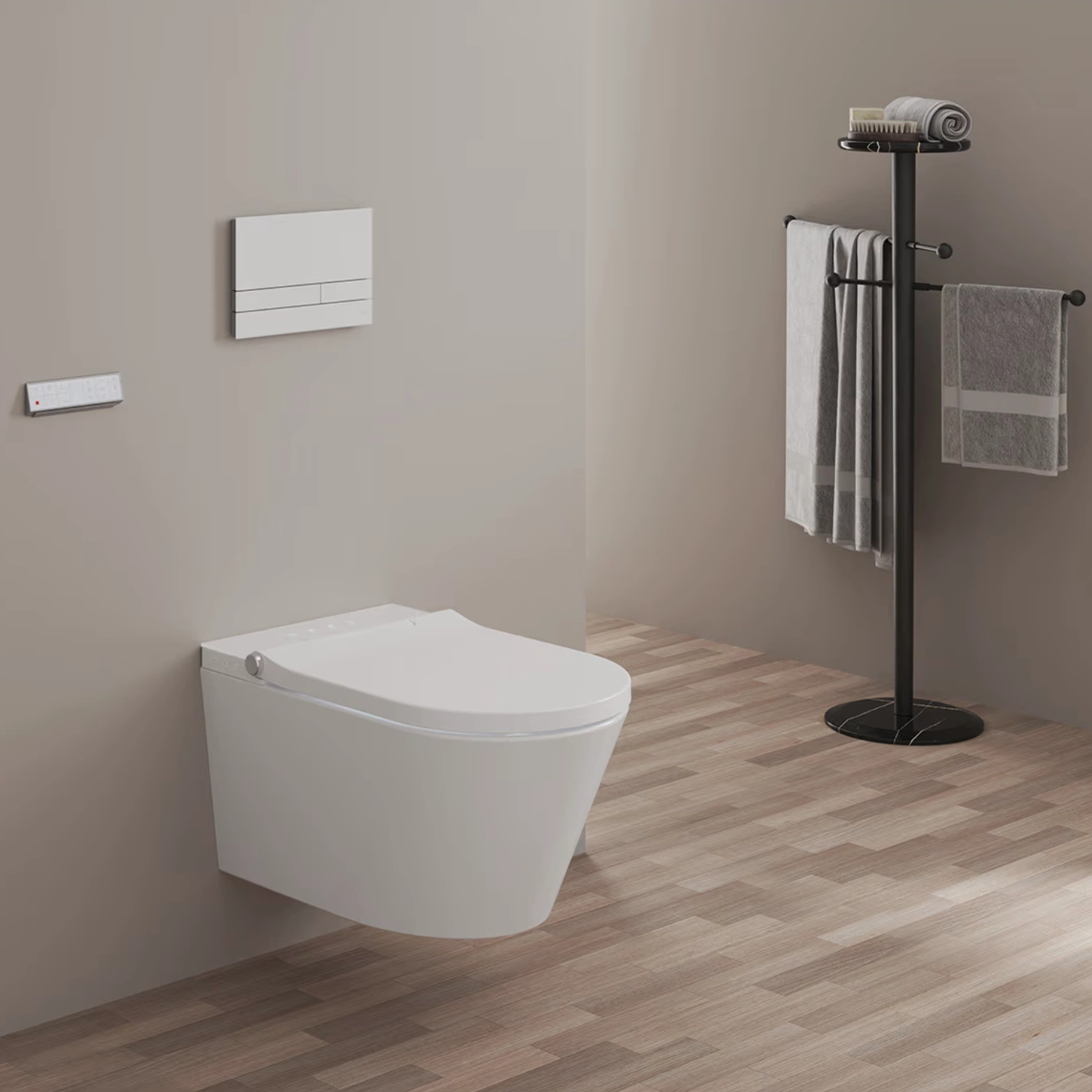 Weißes Kronenbach Tube Dusch-WC spülrandlos inkl. WC-Sitz an einer beigen Wand neben einem schwarzen Handtuchhalter