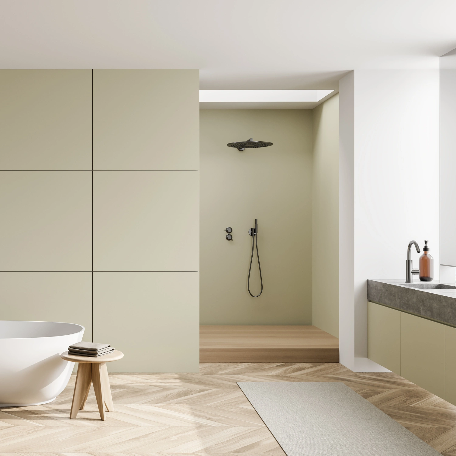 Walk-In Dusche in einem hellgrünen Bad mit Holzboden