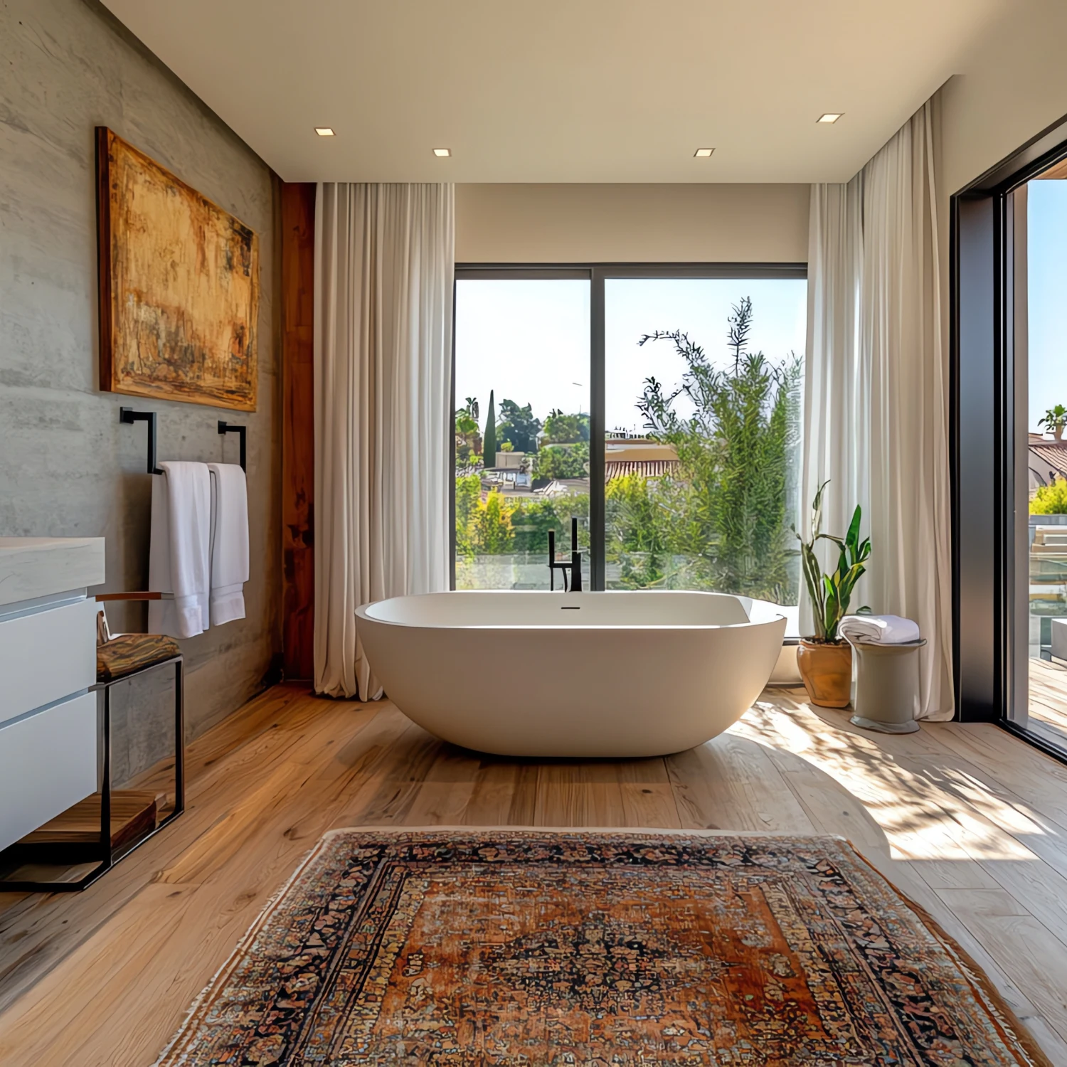 Helles Badezimmer mit freistehender Badewanne und Teppich