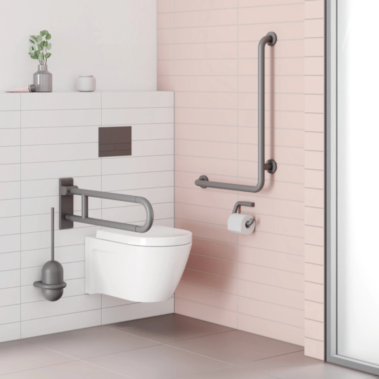 barrierefreies WC mit Produkten von Hewi in weiß-grau-rosa gefliestem Badezimmer