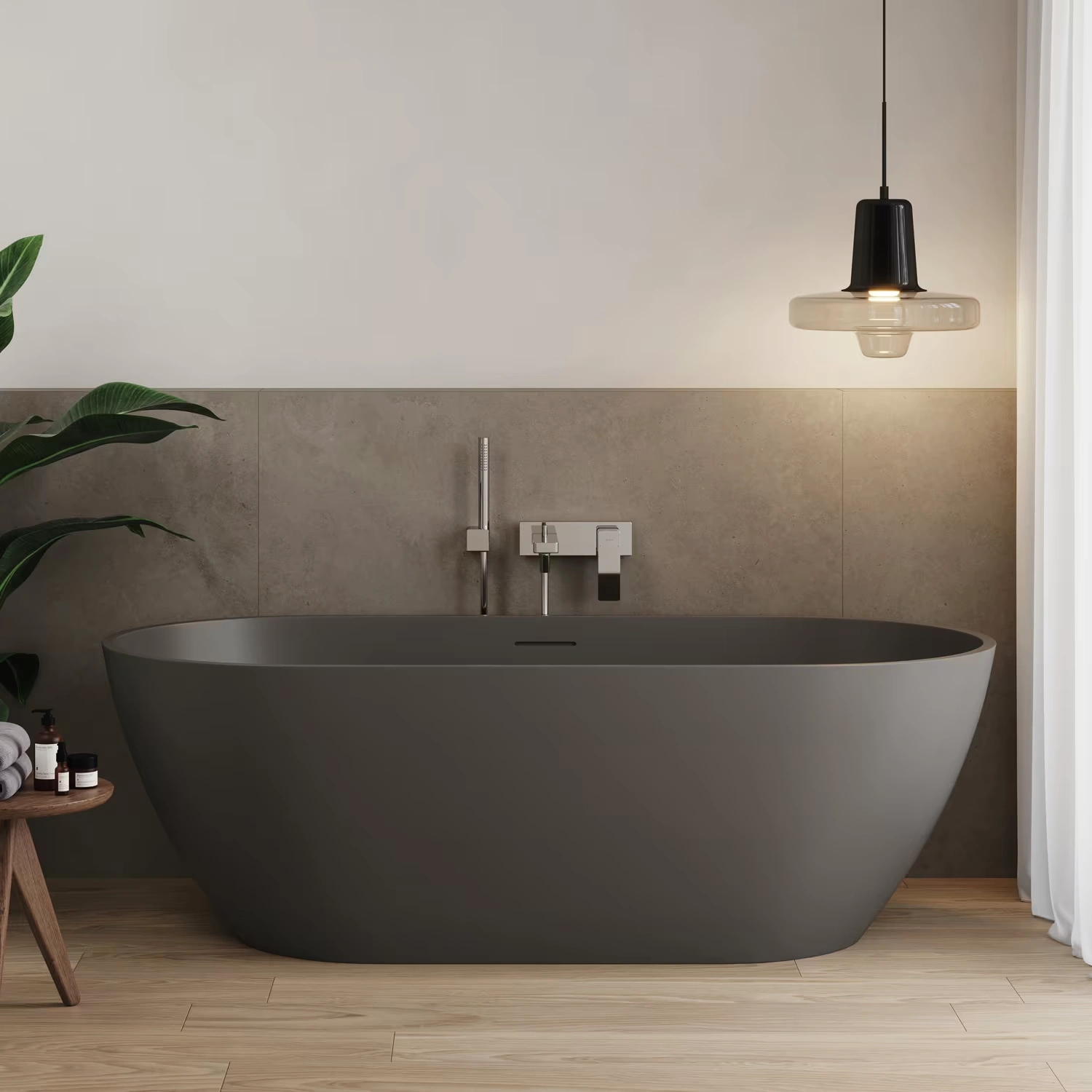 Graue, freistehende Alluvion Badewanne in einem modernen, minimalistischen Bad