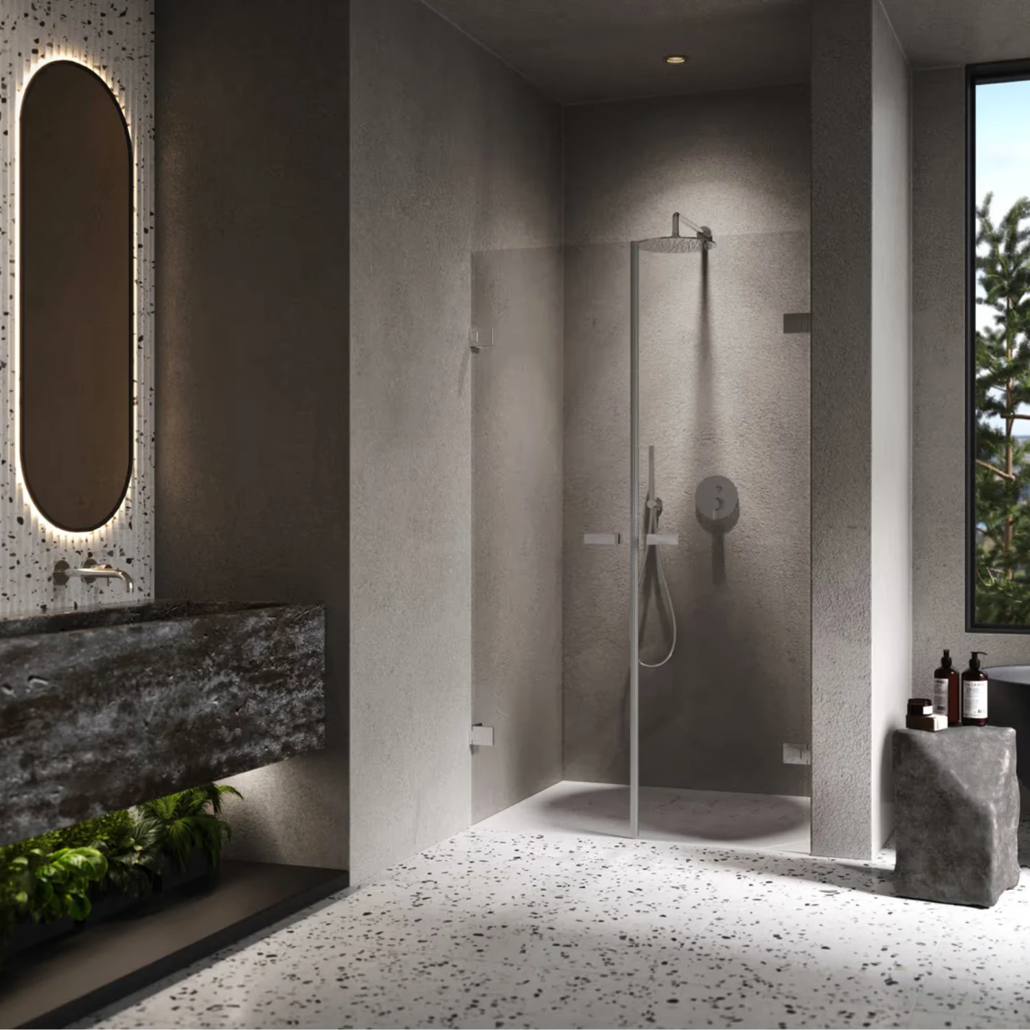 Sauberer Duschbereich im großen Badezimmer