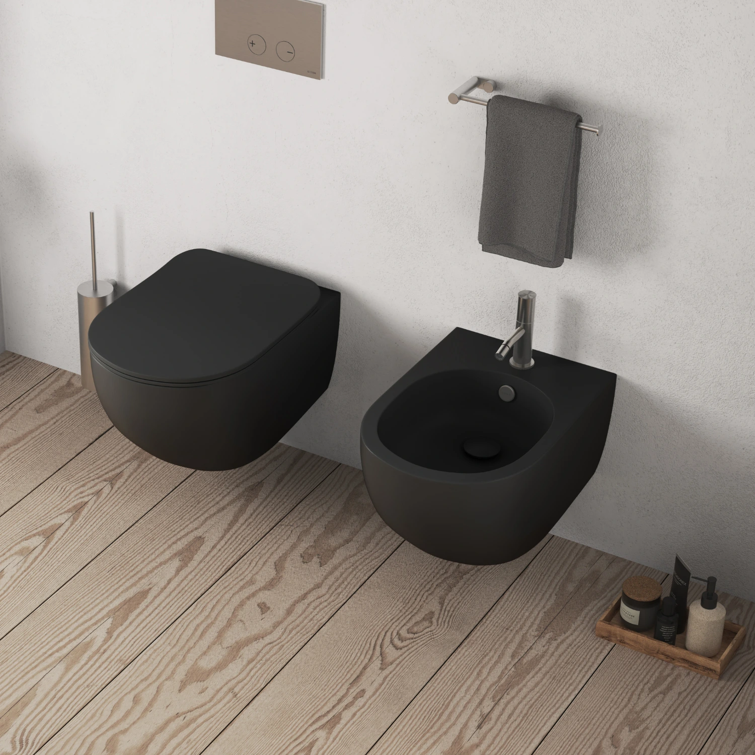 Schwarzes WC und Bidet in einem modernen Bad