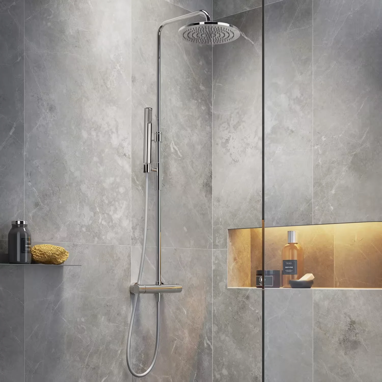 Steinkamp Living Thermostat Duschsystem in einer grau gefliesten Dusche